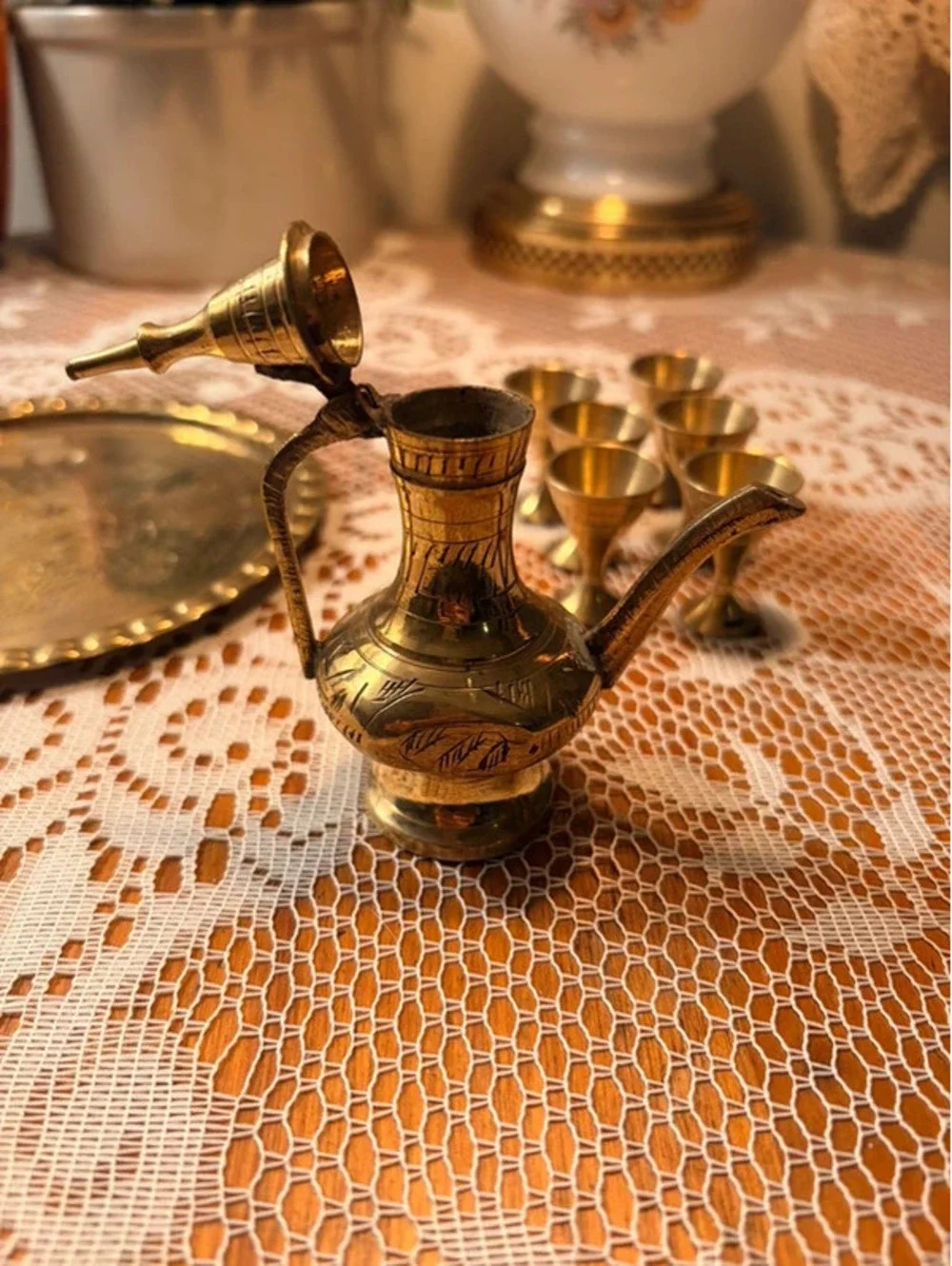 Vintage Miniature Brass Arabic Dallah Coffee Set Tray 6 Goblets